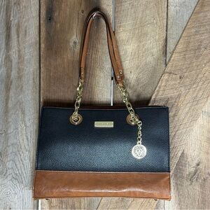 Anne Klein Two-Toned Black and Brown Leather Bag With Gold Accents